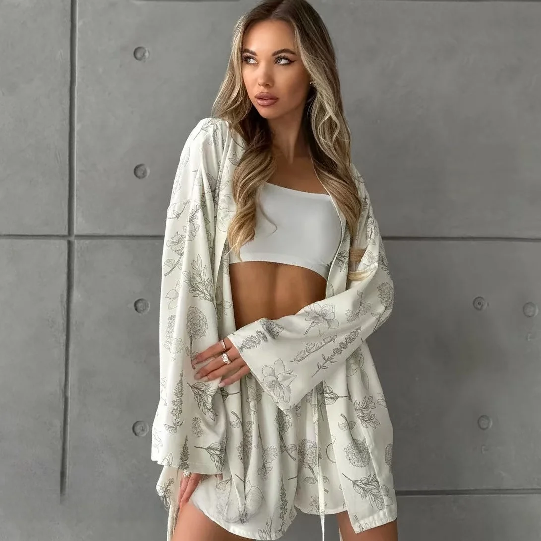 

New Printed Long Sve Robe And orts Set Home Clothes Youth Casual Sle Summer Collection Comfortable Breathable Material