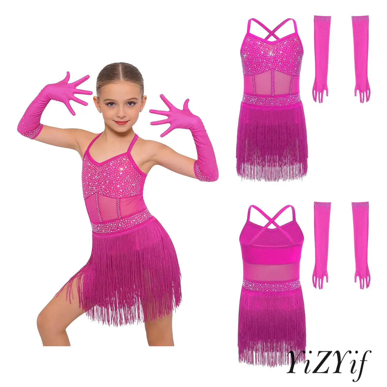 

Girls Latin Dance Performance Leotard with Gloves Set Sleeveless Cross Back Mesh Bodysuit Dress for Tango Salsa Dance Outfit