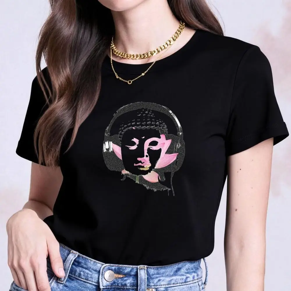 Lotus Buddha Wearing Headphones Graphic T-Shirt Women Summer Short Sleeve Aesthetic Print Casual Fashion Harajuku Y2k Clothes
