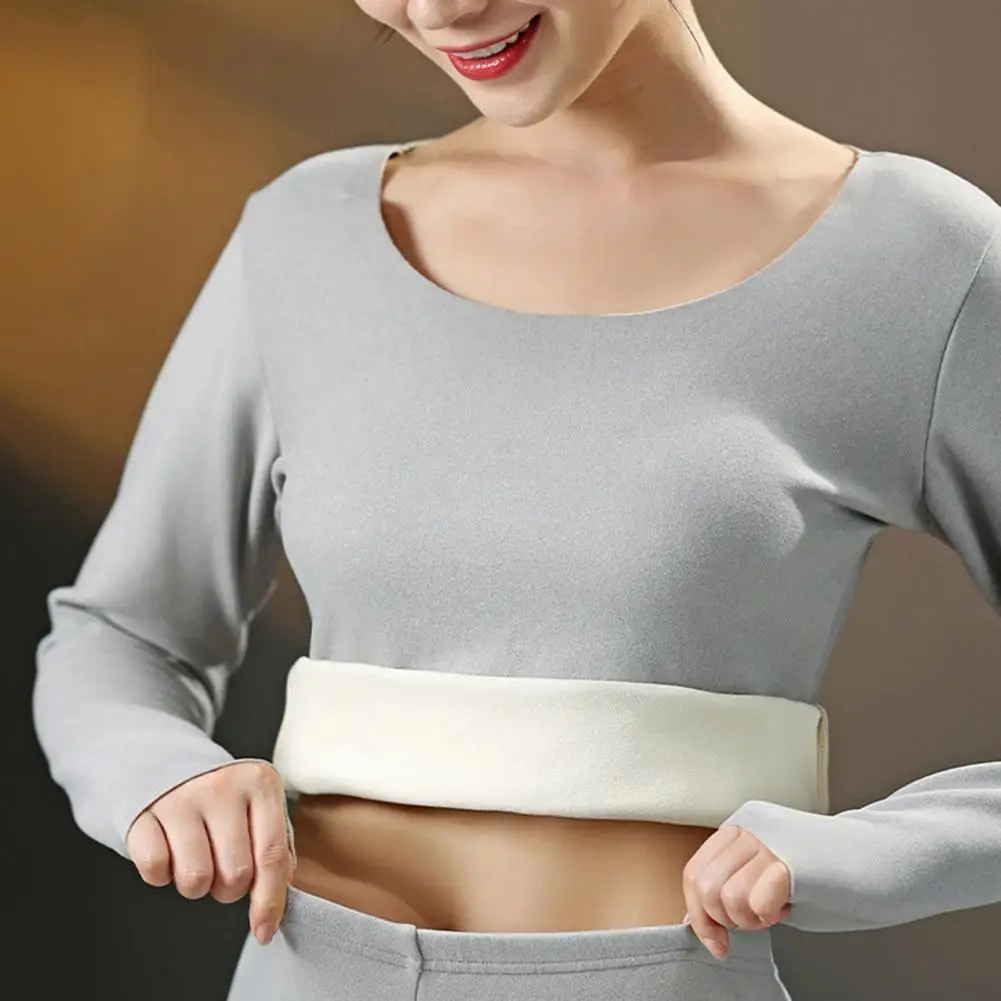 2 Pcs/Set Women Top Pants Set Seamless Thick Plush Thermal Warm Round Neck Elastic Waist Long Sleeves Bottoming Clothes