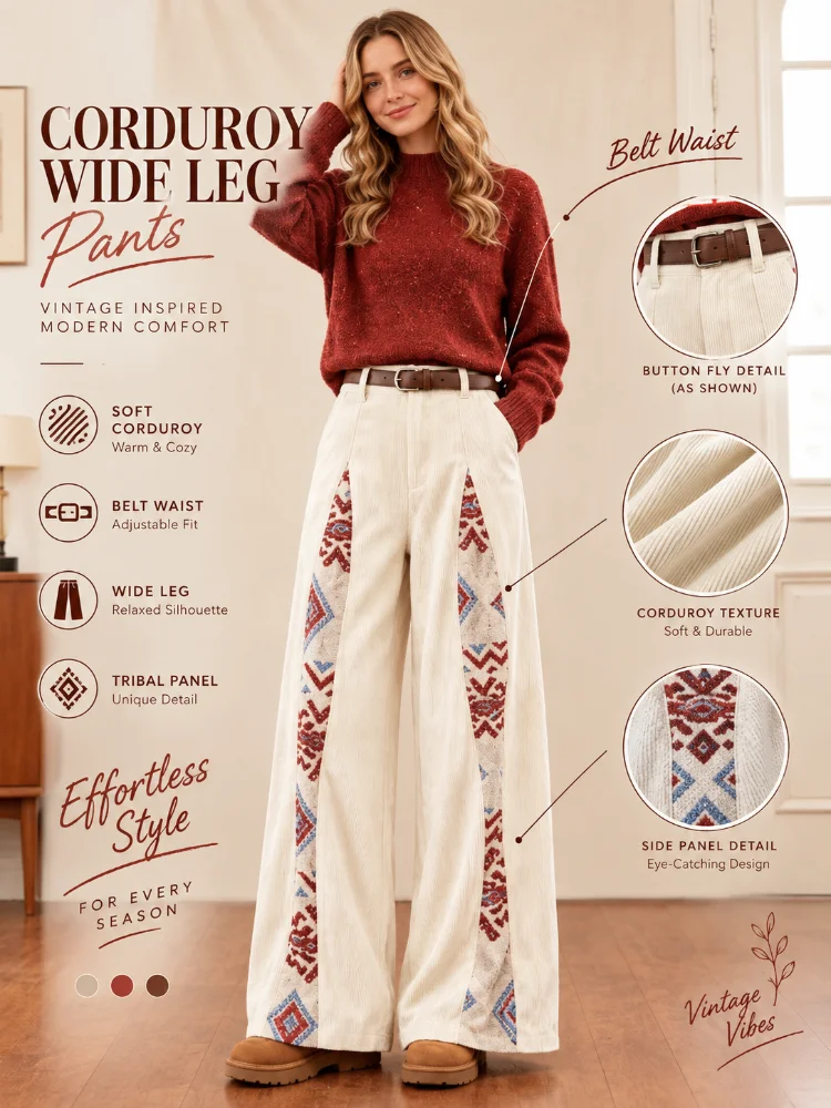 Women's Corduroy Patch Pants - Featuring a Retro High-Waist Design, Soft and Thick Fabric, with Ethnic-Style Floral Side Patterns. Perfect for Casual Wear in Autumn and Winter.
