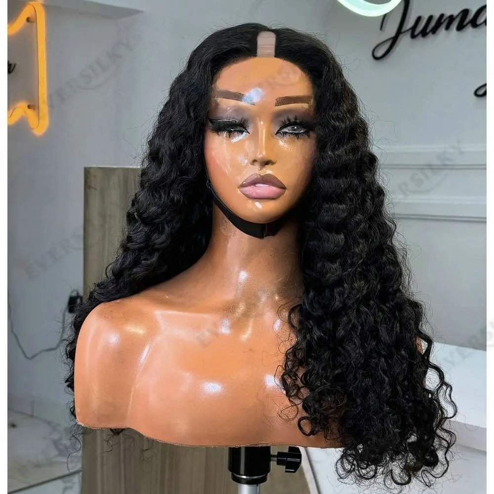 

Long Deep Wave Hair Jet Black1x4Size Middle Open U Part Wigs Human Hair for Black Women Easy Install Glueless Remy Peruvian Hair