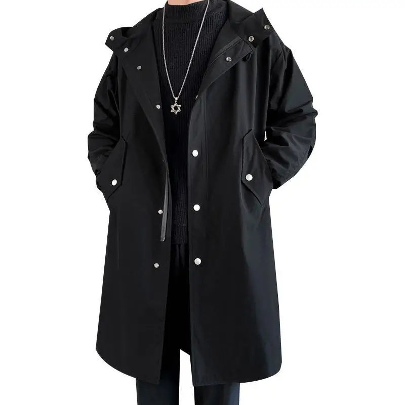 2024 Men\'s Windbreaker Jacket Long Trench Oversize Loose Streetwear Hooded Vintage Black Coats High Street Casual Male Outerwear