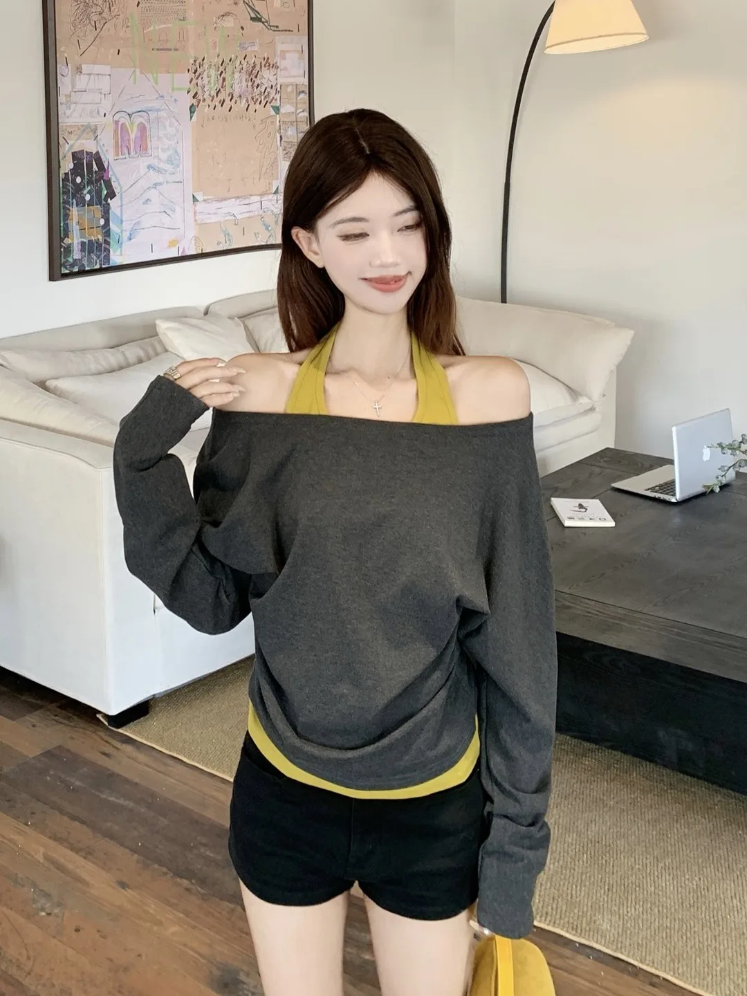 

Женская футболка-топ на одно плечо с завышенной талией, осенняя новинка 2025 года, в корейском стиле, от American Color Blo