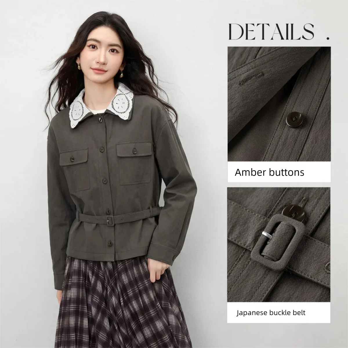 SENTUBILA Petite Women Shirt Jacket with Detachable Belt Double Layer Turn-down Collar Cropped Daily Commute Outerwear W61WB6597
