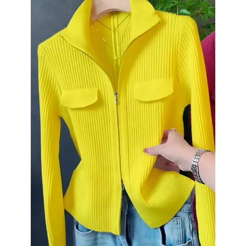 2025 Spring AutumnNew Fashion Zipper Short Knitted Cardigan Sweater Korean Versatile Coat Top Turn-Down Col Sweater Solid Color