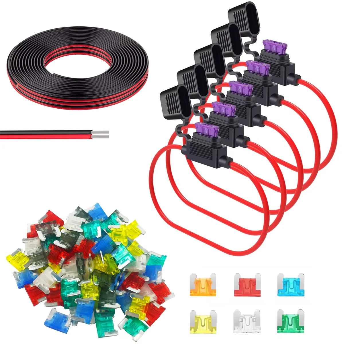 5 Stück 16/18 AWG Sicherungshalter ATC/ATO Inline-Kfz-Flachsicherungshalter 60 Stück Mini-Autosicherungen 5A-30A und 1m 2-poliger Elektrokabel – Detail 2