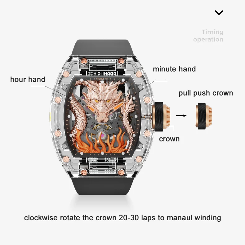 CRONUSART Men Automatic Watch 50mm*42mm Dragon Dial Tonneau Mechanical Wristwatch Acrylic Case Luminous Fluororubber Strap