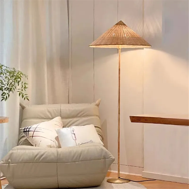 Bamboo Floor Lamp  Vintage wooden woven straw hat lamp Living Room Bedroom Sofa Corner Standing Light Home Decor bedside lamp