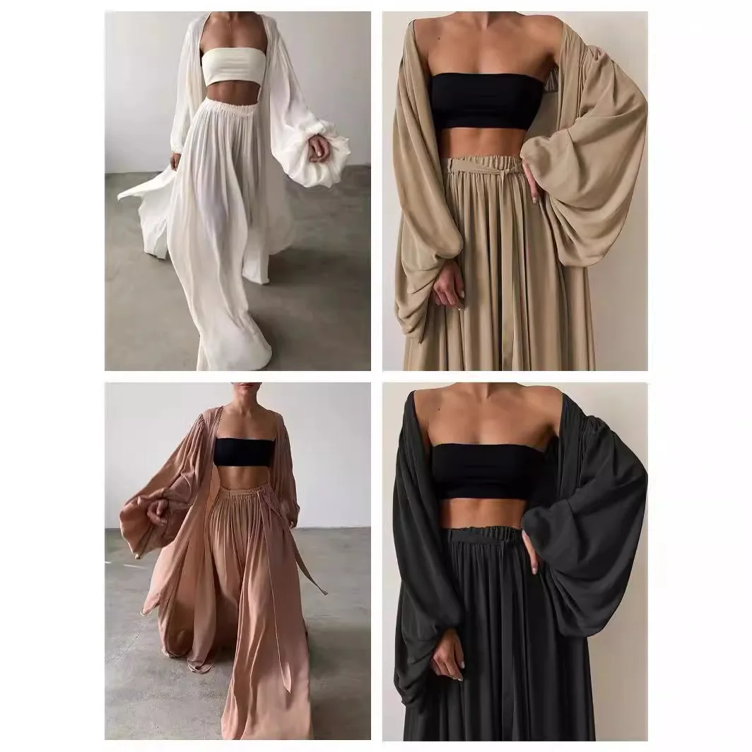 Lazy Style Women Set Solid Chiffon Shirt Wipe Chest Wide Leg Pants 3ps Elegant Women Pants Set Plus Size Woman Clothes Outfits