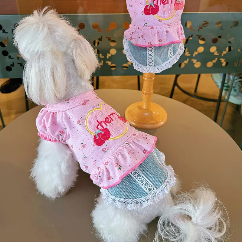 Fashion Cherry Embroidery Dog Dress Sweet Pink Dog Denim Skirt For Small Medium Teddy Females Pet Clothes Outdoor Puppy Outfit
