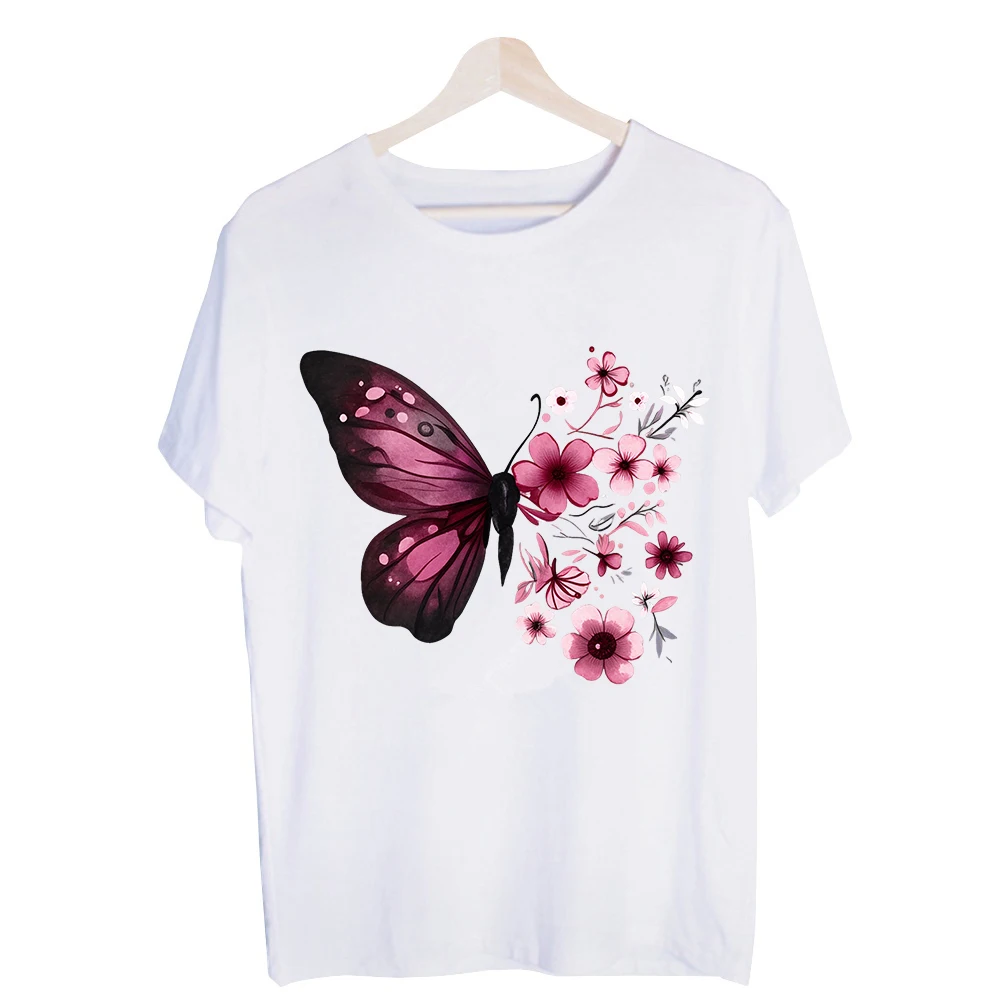 Women's Butterfly and Floral Graphic Tee, Short Sleeve Crew Neck T-Shirt for Casual Summer Outfits