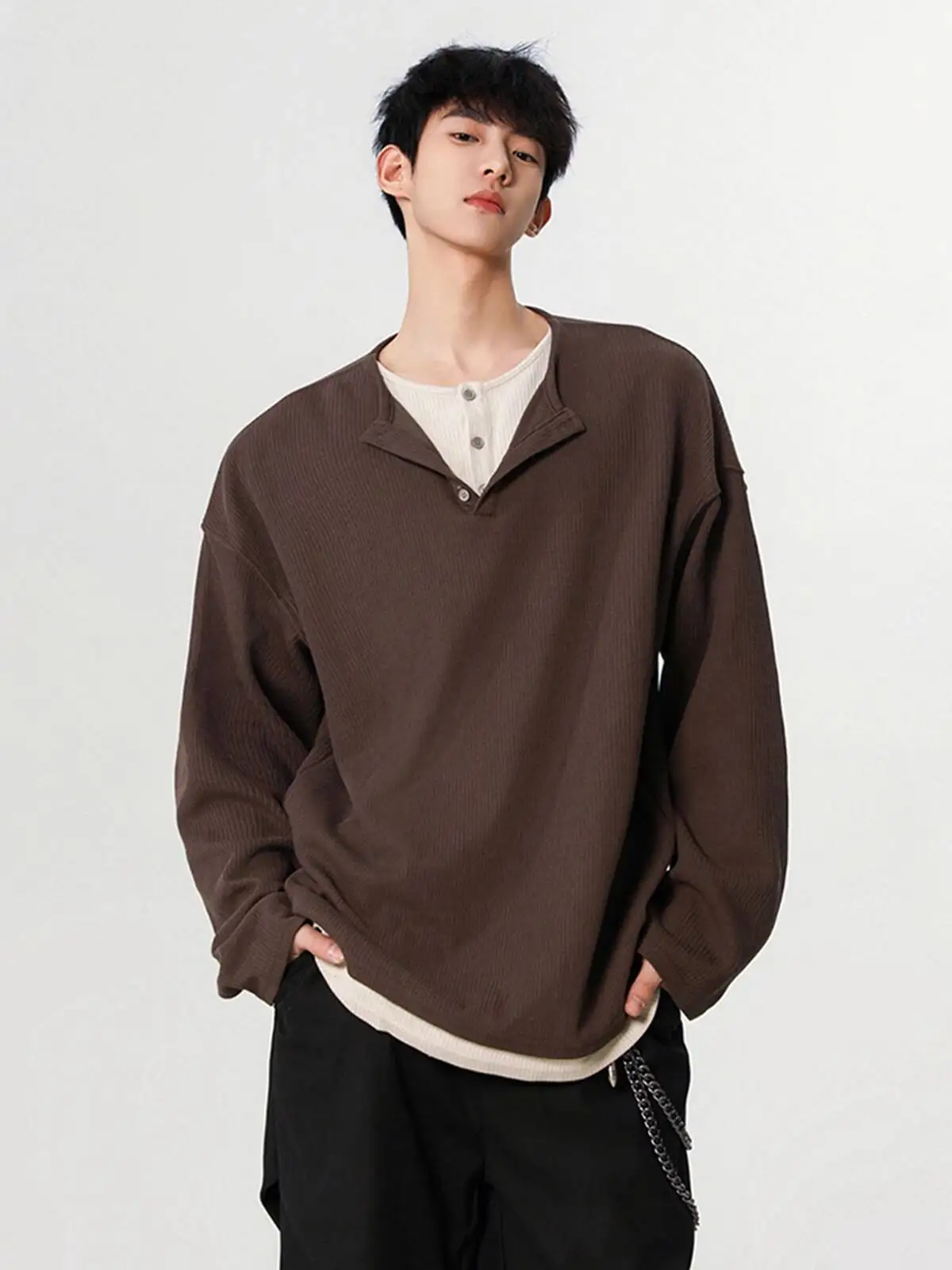 

Men's Sweater Spring Vintage Fake Two Piece Henley Collar Long Sleeve T Shirt Loose Versatile Cool Casual Couples' Base Layer