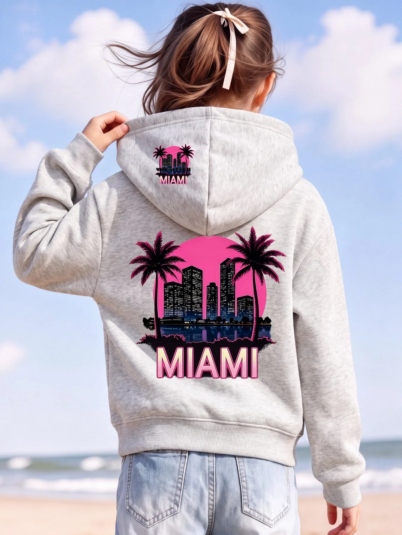 Girls' Hooded Sweatshirt Miami Beach Theme Fashion Comfortable Sweatshirt Girls' Clothing  Autumn Winter Warm Top Holiday Gift