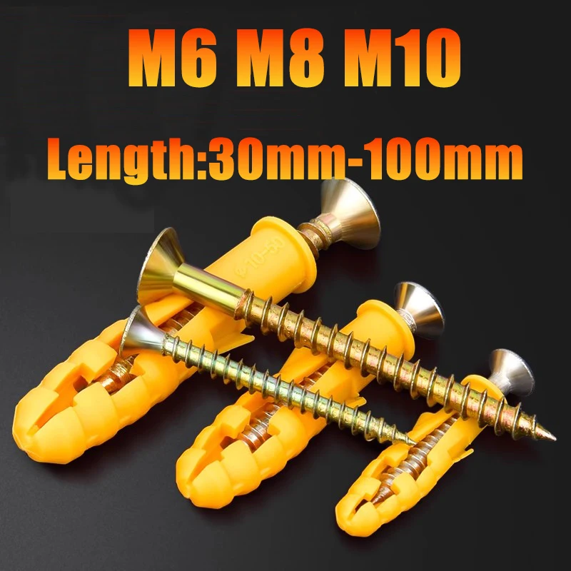 Kit surtido de tornillos y anclas para paneles de yeso M6M8M10, expansión de tapones de anclajes de pared de tubo de expansión de plástico con tornillo de cabeza Phillips