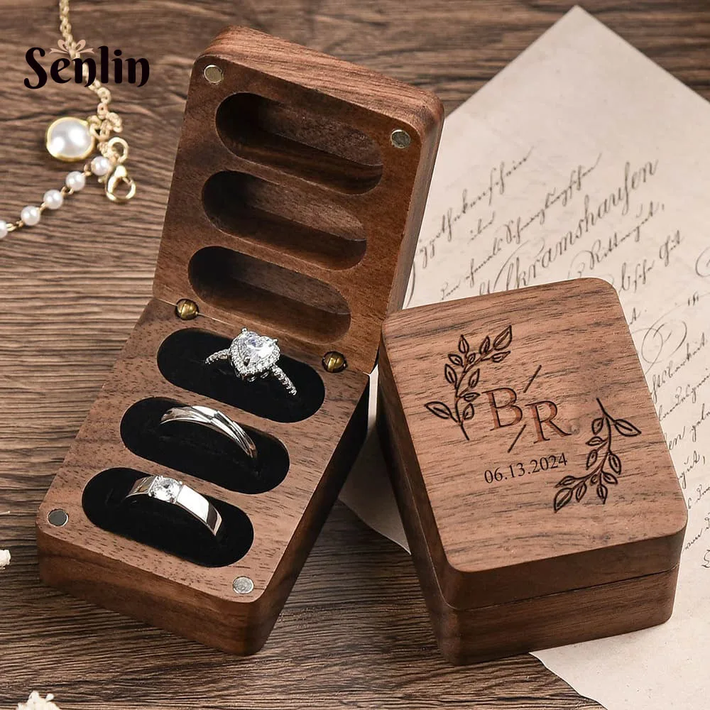 

Custom 3-Slot Rectangle Ring Box Wedding Wooden Triple Flip Ring Box Jewelry Organizer Ring Display Engagement Personalised Gift