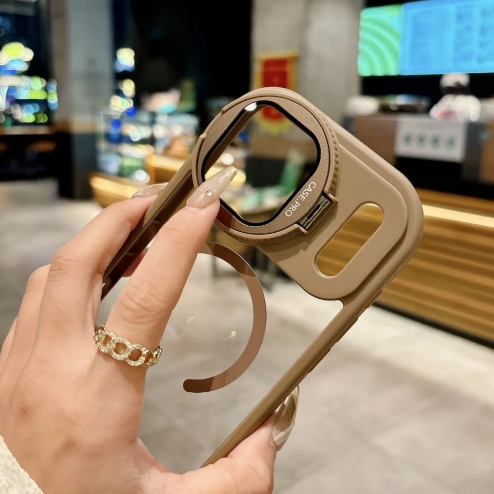 Fold Glass Lens Stand Magnetic Transparent Case For iPhone 17 13 12 11 Pro Max 16 15 14 Plus Air For Magsafe Shockproof Cover