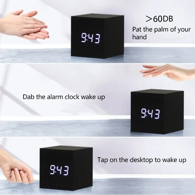 Wood Retro Square Digital LED Alarm Clock Voice Control Glow Desk Clock Snooze Function Desktop Table Decor