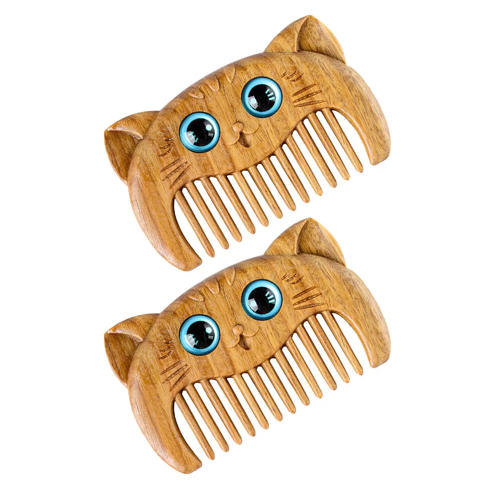 2Pcs Sandalwood Wooden Hair Comb Cat Shape Ergonomic Grip Non Scratch Gentle Scalp Care Small Pocket Size Wood