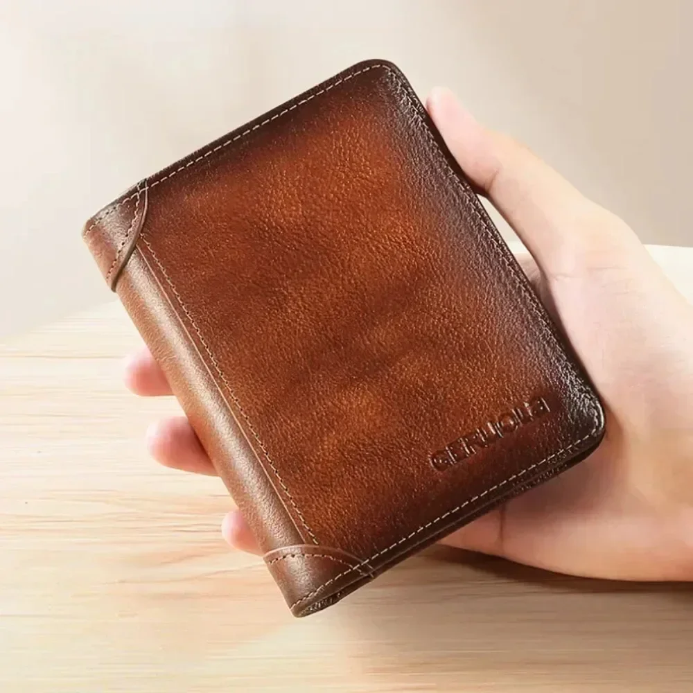 Men Wallet Genuine Leather Rfid Blocking Trifold Wallet Vintage Thin Short Multi Function ID Credit Card Holder Male Purse Money