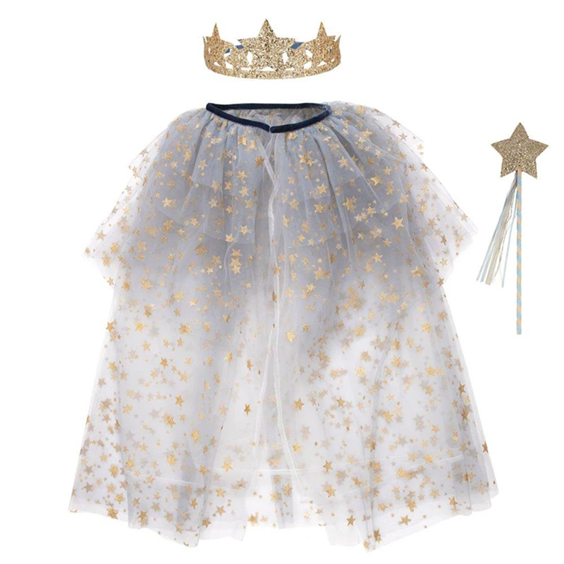 Children\'s Star Gauze Cape Princess Cloak Mesh Cape Shawl Christmas Dress Up Kindergarten Dance Show Set Kids Clothes Girls