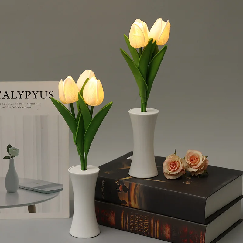 Lámpara LED de noche de tulipán, ramo de flores de simulación, lámpara de escritorio para dormitorio, lámpara de mesita de noche, decoración de ambiente