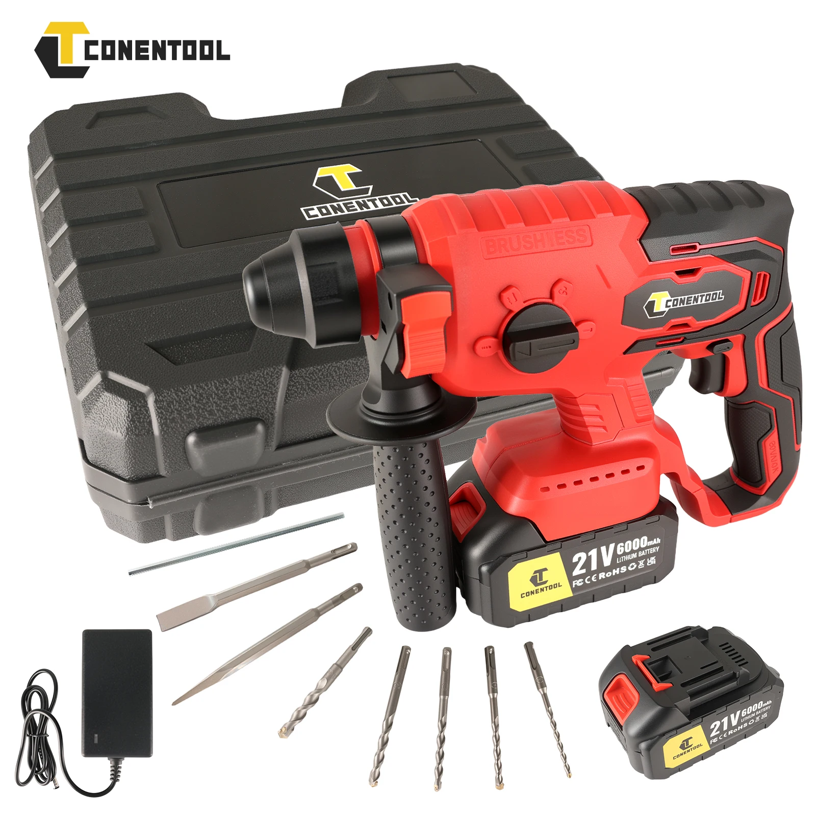 CONENTOOL Cordless SDS-Plus Rotary Hammer Drill, 4 Modes, Brushless, 360° Handle, 5 Drill Bits, Compatible with Makita