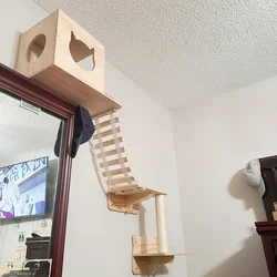 Cat Climbing Wall Cat Tree Floating Shelf with Sisal Rope Ladder Wooden House Hammock Kitten Stairway for Sleeping and Resting