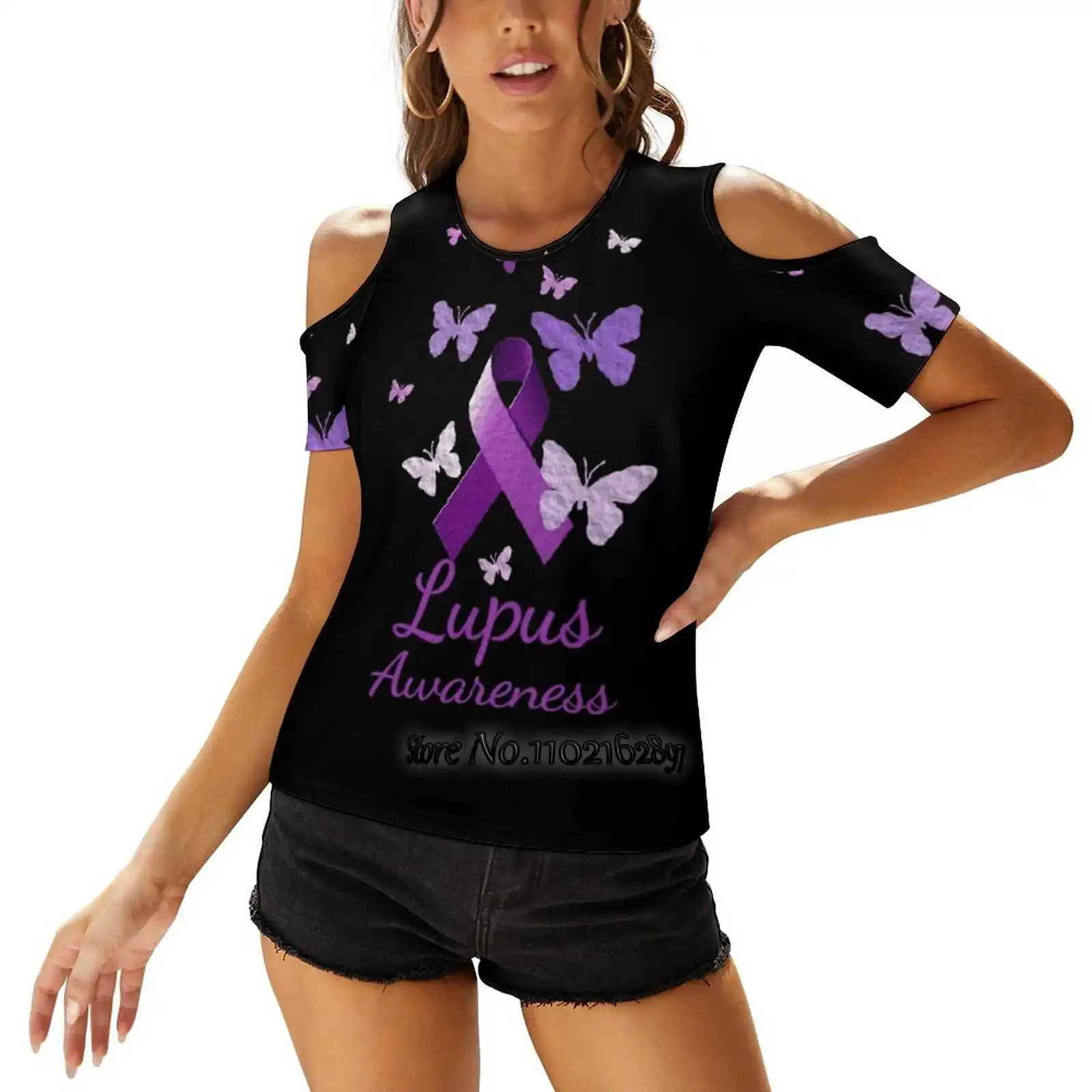 Purple Awareness Ribbon : Lupus Women T-Shirt Back Lacing Casual Short Sleeve Tops Summer Tees Lupus Month Lupus Patient Lupus