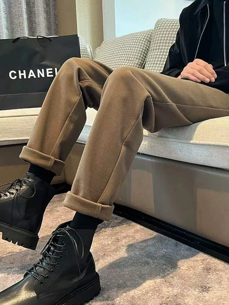 

Men's Slim Fit Woolen Trousers for Boots Autumn Winter Casual Pants Durable Polyester Fiber Anti-Wrinkle Leisure Wear