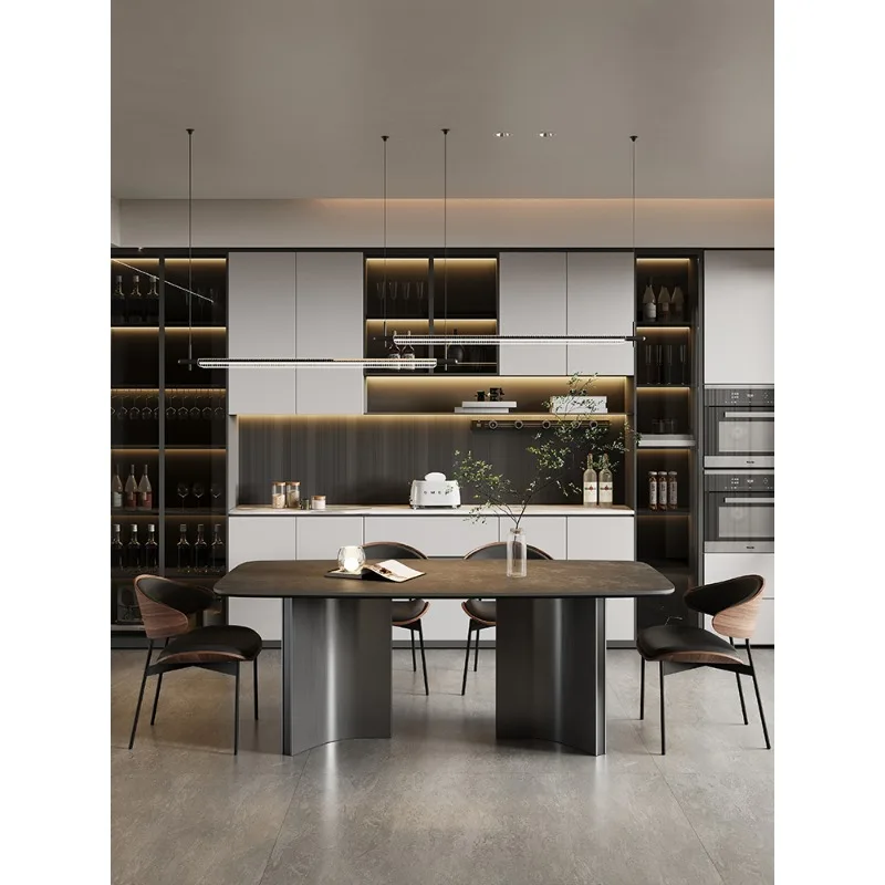 Mesa de comedor de losa de roca minimalista italiana, mesa de comedor rectangular y sillas, mesa de comedor negra