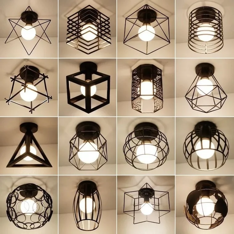 

Vintage Ceiling Lights Indutrial Lamp Creative Metal Birdcage Fixtures Wrought Iron Loft Squarestar Triangle Restaurant Cafe Bar