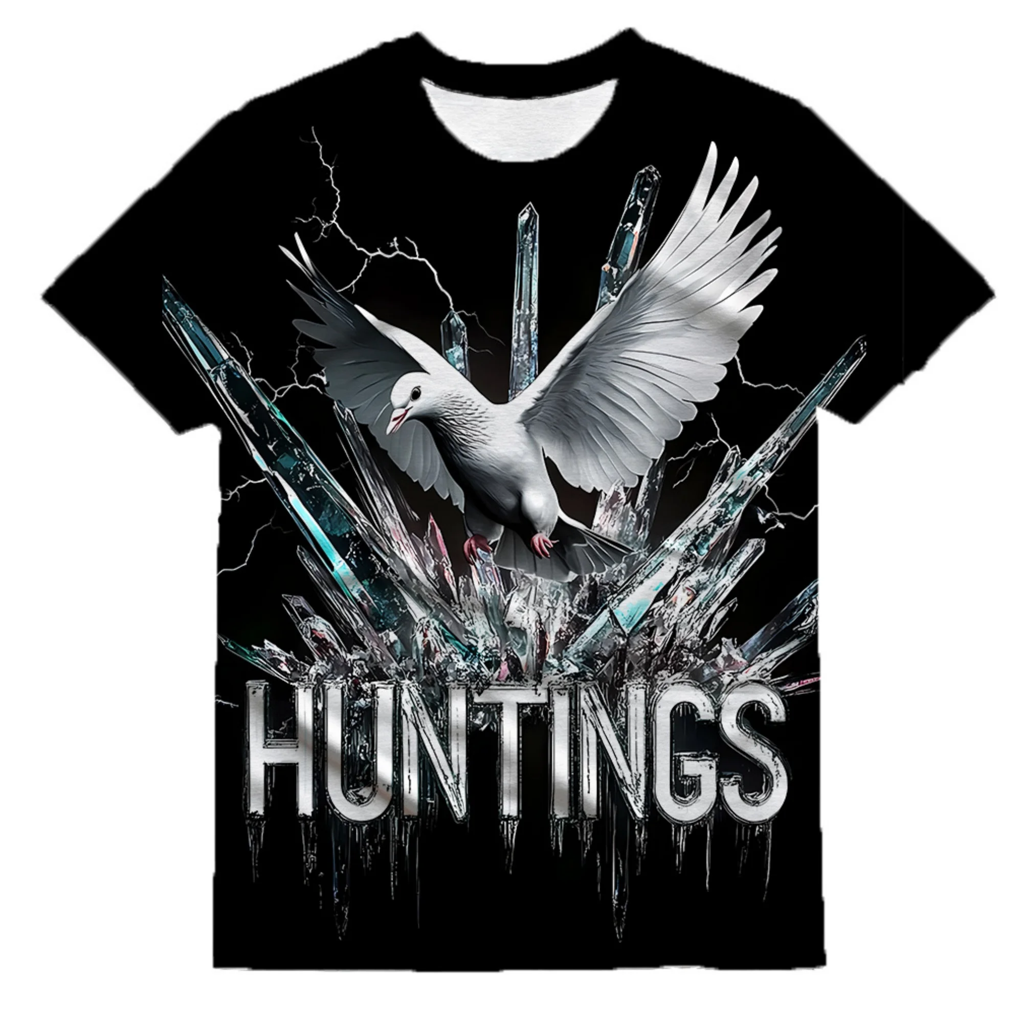 Rock Gothic Men Graphic T‑Shirt White Dove Shattered Glass Pattern Drip Letter Print Short Sleeve Dark Street Casual Oversized T