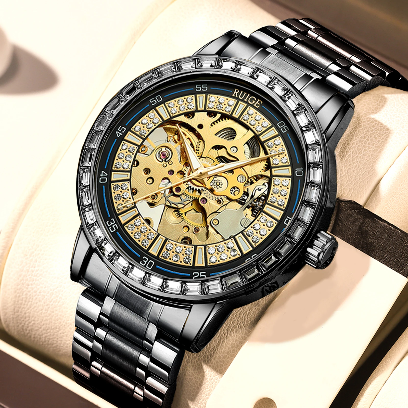 

RUIGE Luxury Men's Fully Automatic Mechanical Watch Stainless Steel Diamond Inlaid Hollow Night Glow Waterproof Trendy Watch