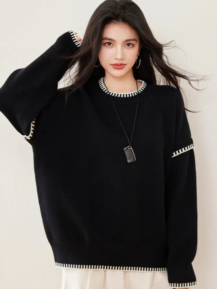 

Winter Clothes Woman Pulls Femmes Contrasting Edge Round Neck Sweater Korean Style Simple Versatile Loose Knitted All-match