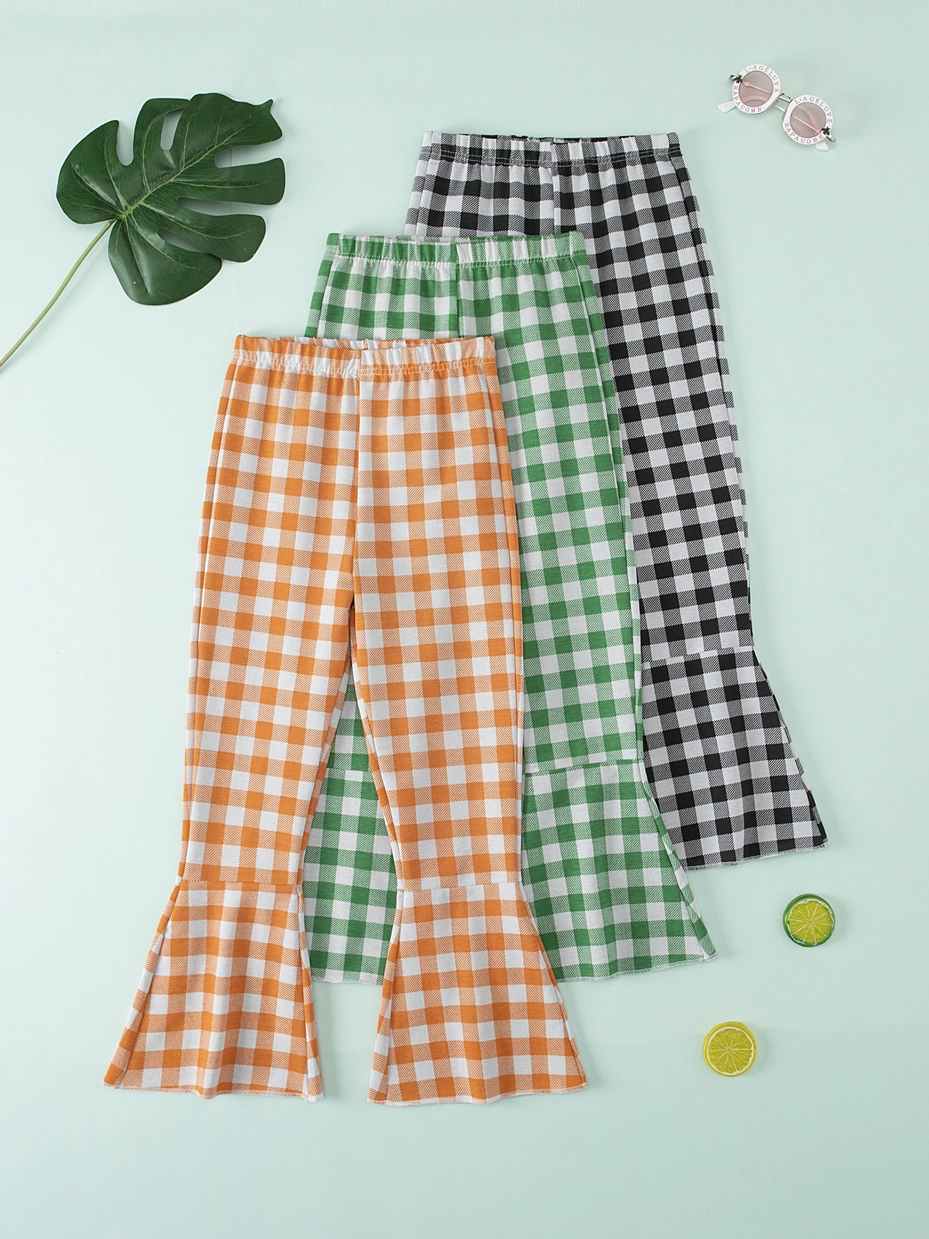 2/1 Piece Set Of Summer Children's New Short Sleeved Pants Set Girls' Fashionable Love T-shirt, Casual Checkered Flared Pants