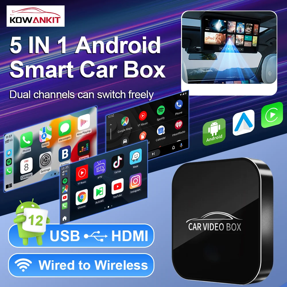 KowanKit Android 12 2 + 16G 3 en 1 CarPlay Smart Box Plug & Play Car Tv Box inalámbrico Android Auto adaptador de coche para YouTube Netflix