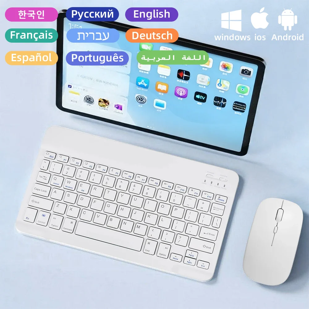Novo Teclado e Mouse Sem Fio Bluetooth para Tablets IOS, Android e Windows, Teclado em Várias Línguas para iPad Air Mini Pro