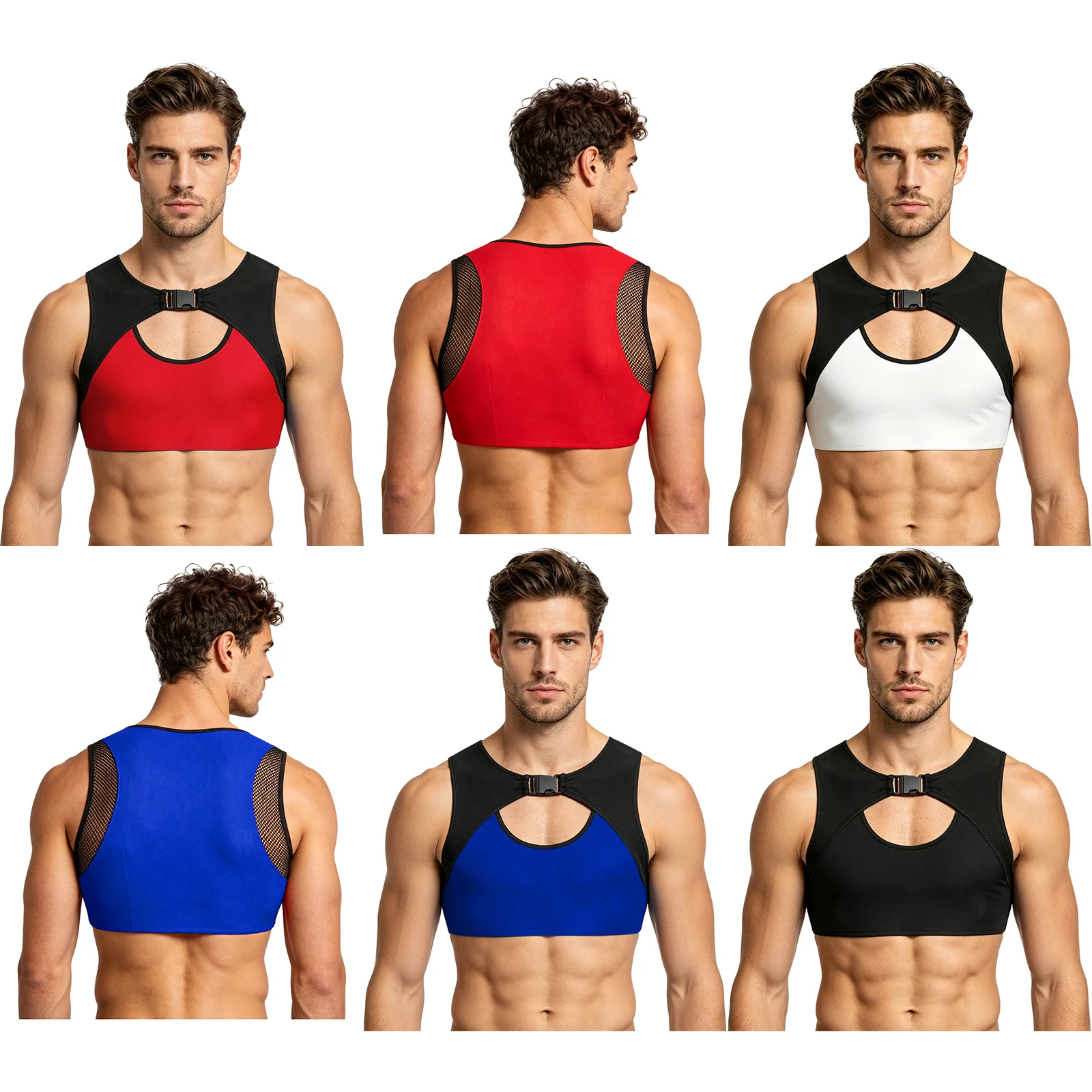 Men Ultra Short Top Sports Workout Wrestling Running Rave Nightclub Crop Tank Tops Mesh Patchwork Hollow Out with Buckle Vest