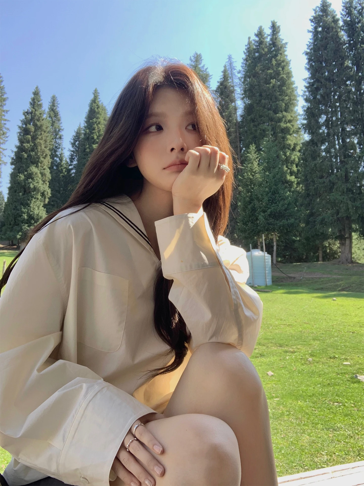 

OOOINKK Coast Soliloquy Pure Cotton Loose Fit Long Sve Navy Collar Large Turn Collar Women's irt Korean Sle