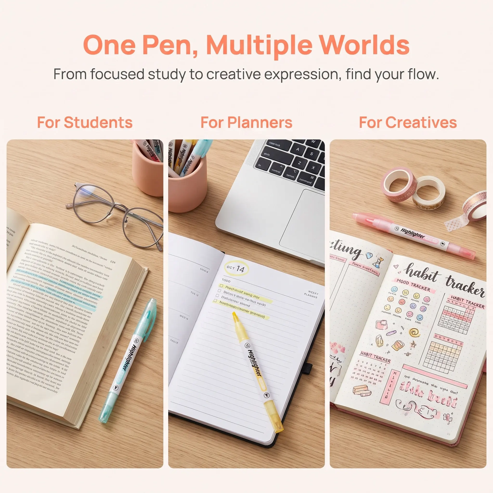 6Pcs Dual Tip Highlighter Pen Transparent Tip Wide Thin Lines No Smear Mild Colors Clear View Double Ended Writing