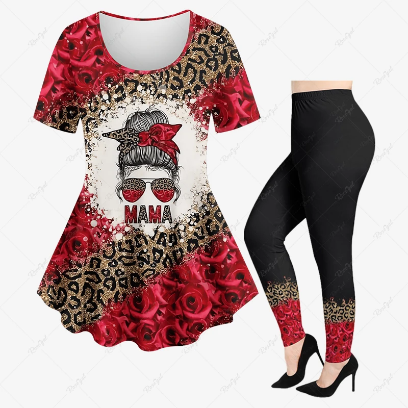 Valentine's Day Matching Set 3D Leopard Rose Flower Girl Bowknot Sunglasses Sparkling Sequin Print T-shirt Or Leggings Suit