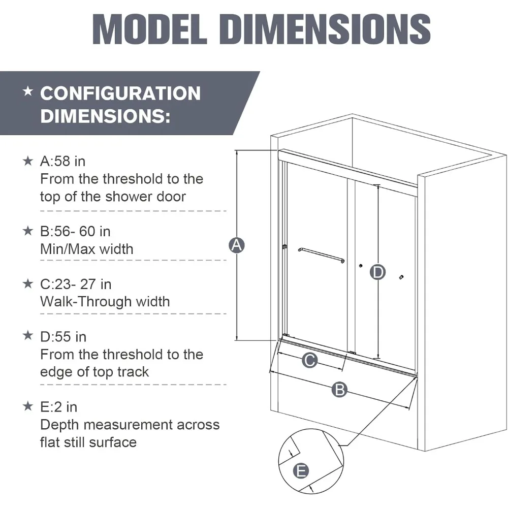 باب دش حوض استحمام منزلق شبه بدون إطار مقاس 56-60 بوصة عرض × 58 بوصة ارتفاع، باب دش زجاجي للحمام لحوض الاستحمام مع 1/4 بوصة (6 مم) شفاف #6