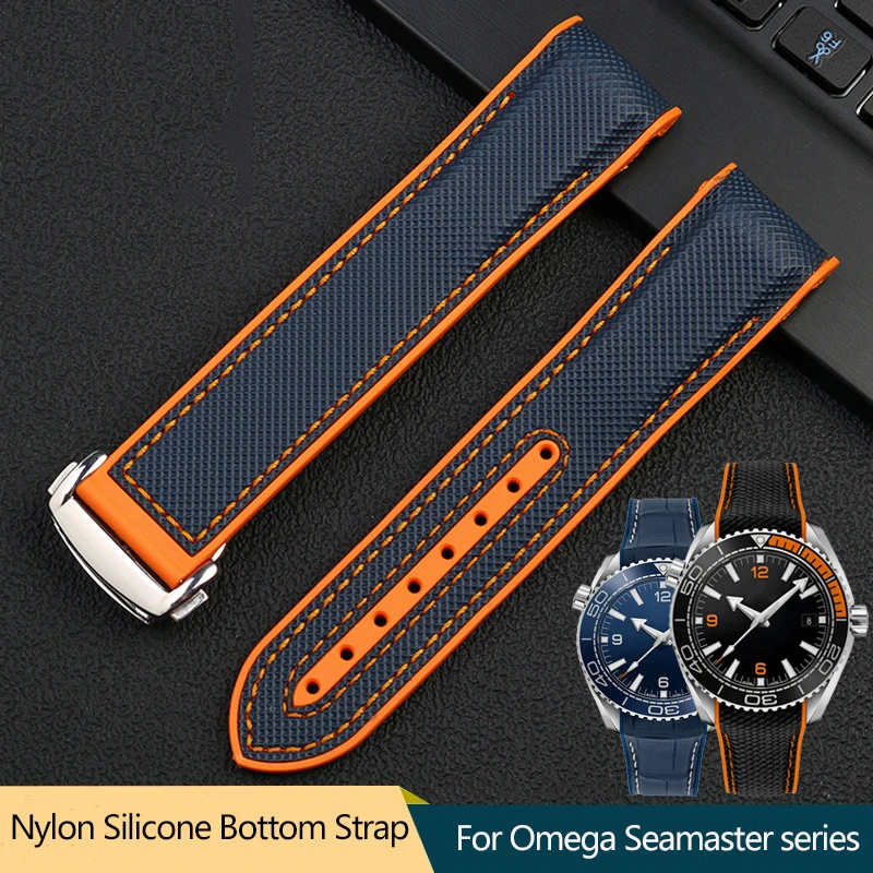 20mm 22mm Black Blue Orange Fabric Nylon Rubber Watch Band For Omega Seamaster 300 Ocean Watchband Buckle Tools Silicone Strap