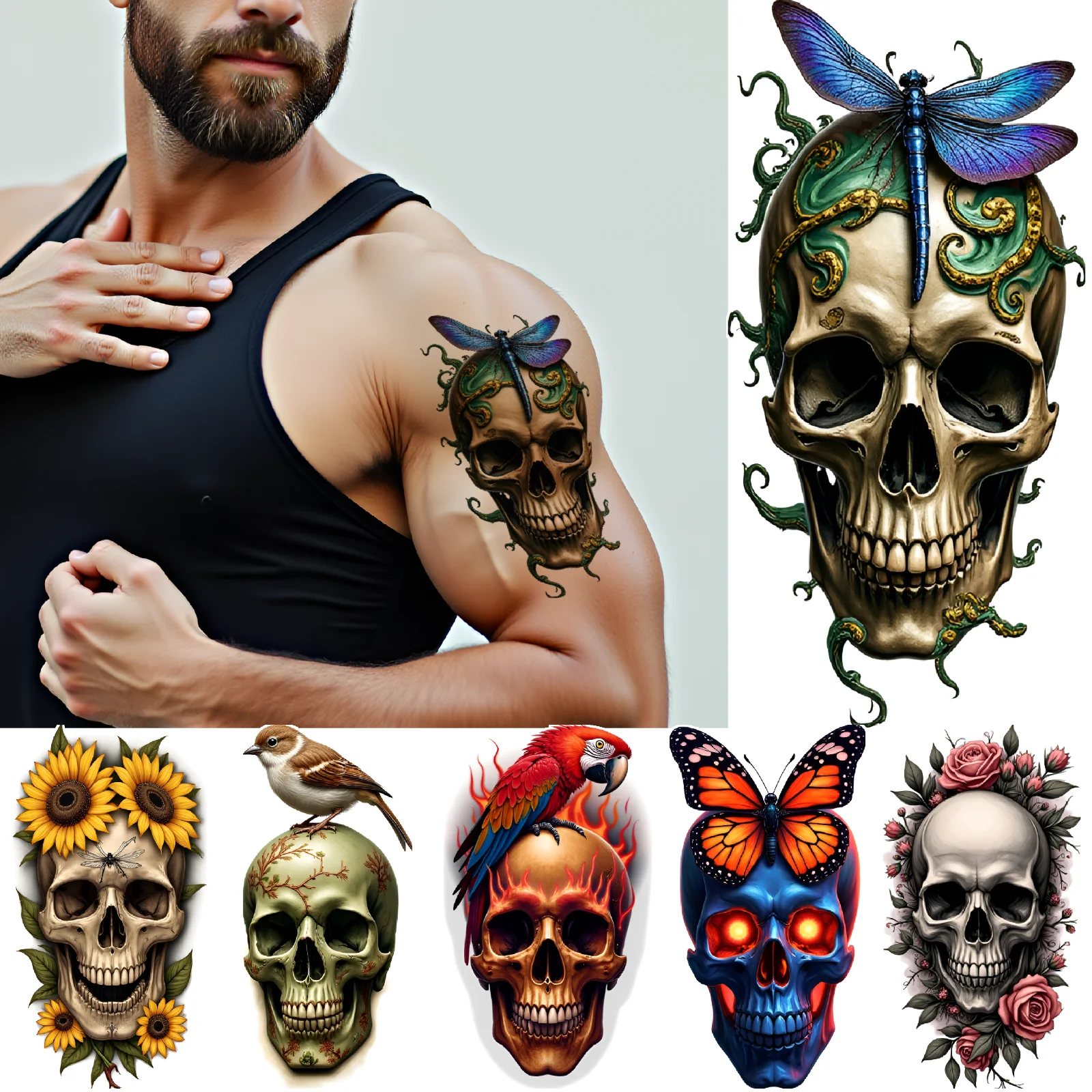 

9pcs Halloween Horror Skull Temporary Tattoo Sticker Waterproof Tattoo Stickers for Men Women Body Art Arm Fake Tattoos
