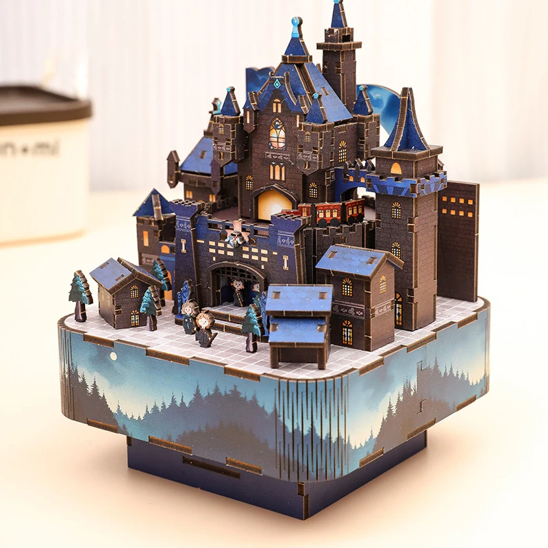 Caja de música de castillo mágico de madera 3D DIY, Kits de modelos en miniatura, rompecabezas que se puede mover para amigos, regalos de cumpleaños, decoración del hogar