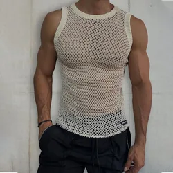 Men's Casual Transparent Mesh Solid Color Sleeveless Top Casual T-Shirt for Men