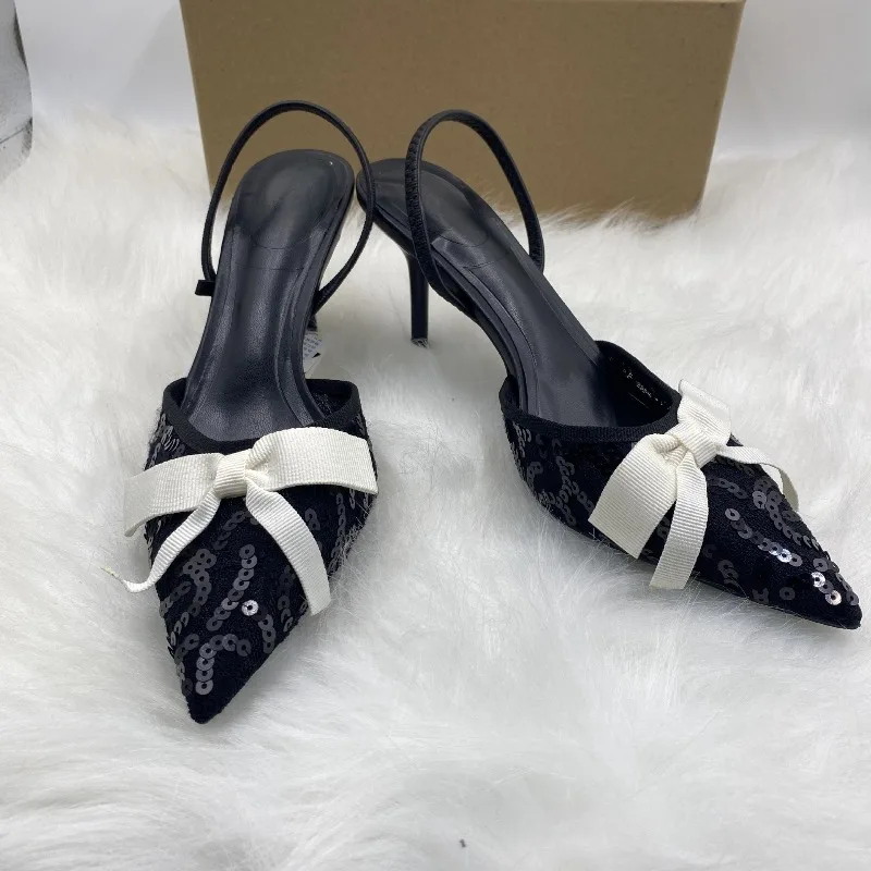 Color Blocking Bow Sequins Mesh Women Pointed Toe Shoes Elegant Chic Black Luxury Brand Designer Wedding Bridal Party Pumps