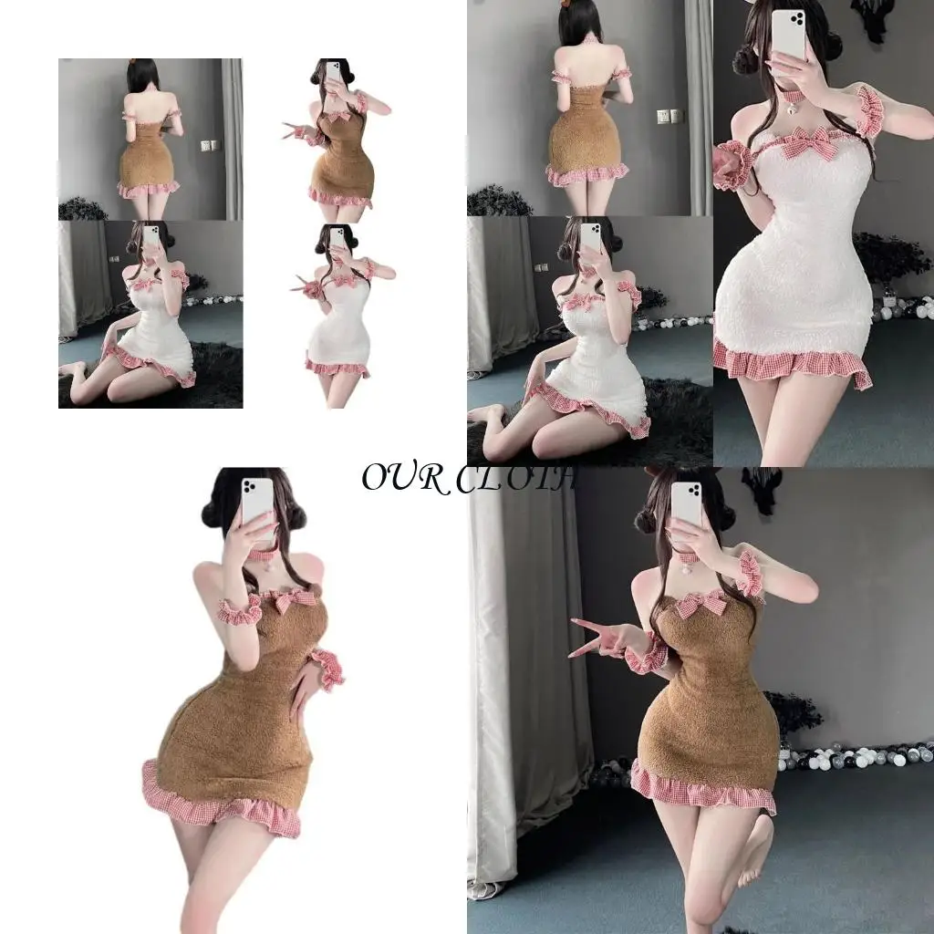 

Women's Maid Cosplay Costume Plush Tube Dress with Choker Arm Cuffs Sleepwear Y1AC