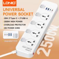 V2.0 Power Strip 6.5Ft/2M Extension Cord Surge Protector with 4 AC Outlets 2 USB C 2 USB A Charging Ports Switch UK US EU Plug